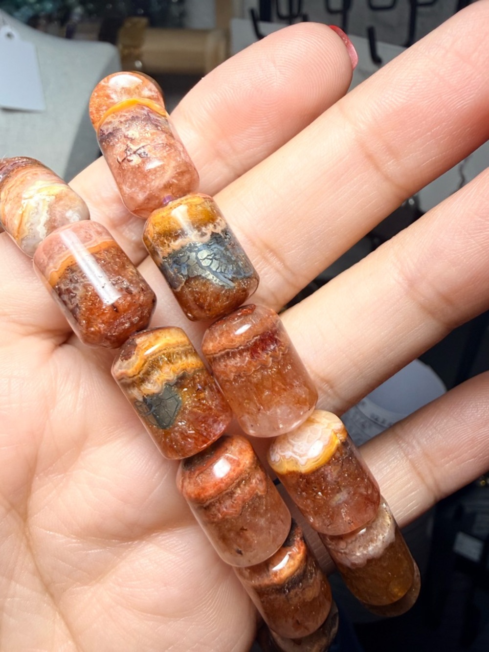 Sunstone Mixed Gemstone Barrel Bead Bracelet 10x15mm - Picture 2 of 4